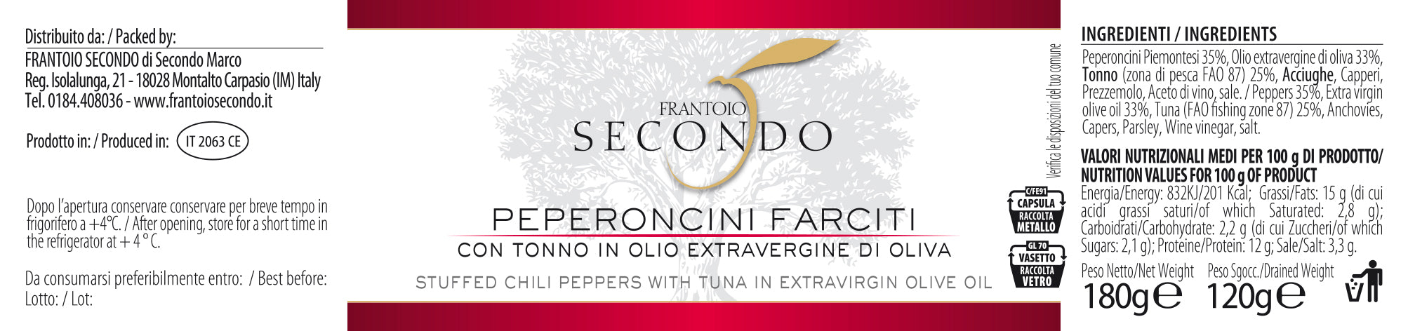 Peperoncini farciti con tonno in olio extra vergine di oliva | Barattolo da 180 gr