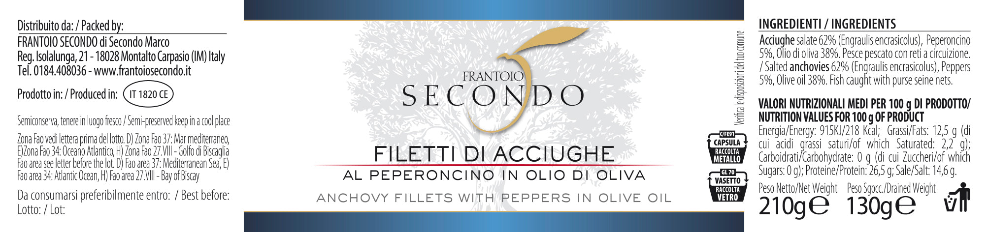 Filetti di acciughe piccanti sott’olio | Barattolo da 210 gr.