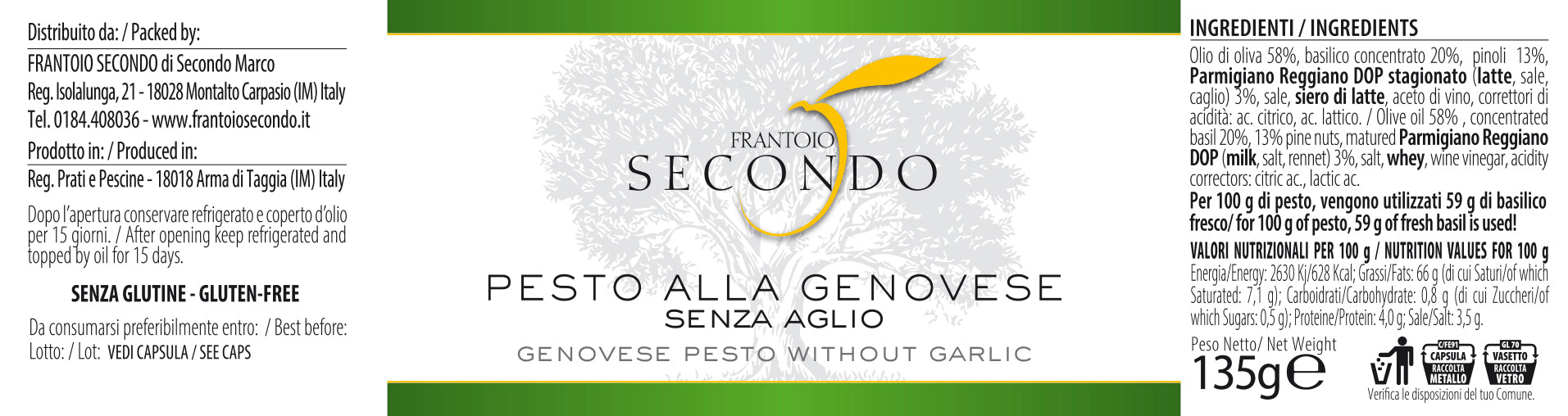 Pesto alla genovese senza aglio | Barattolo da 135 gr.