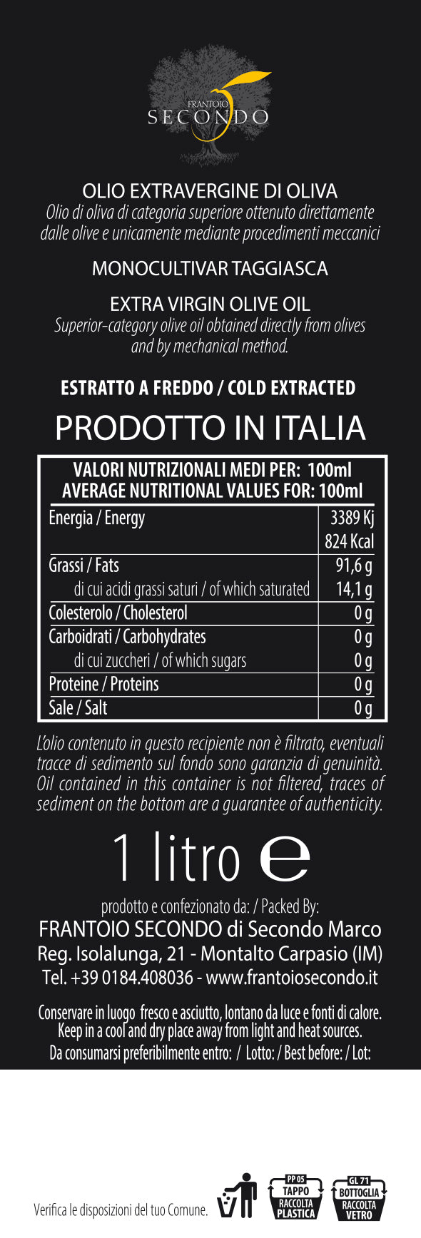 Latta da 1 litro olio extra vergine di oliva monocultivar taggiasca
