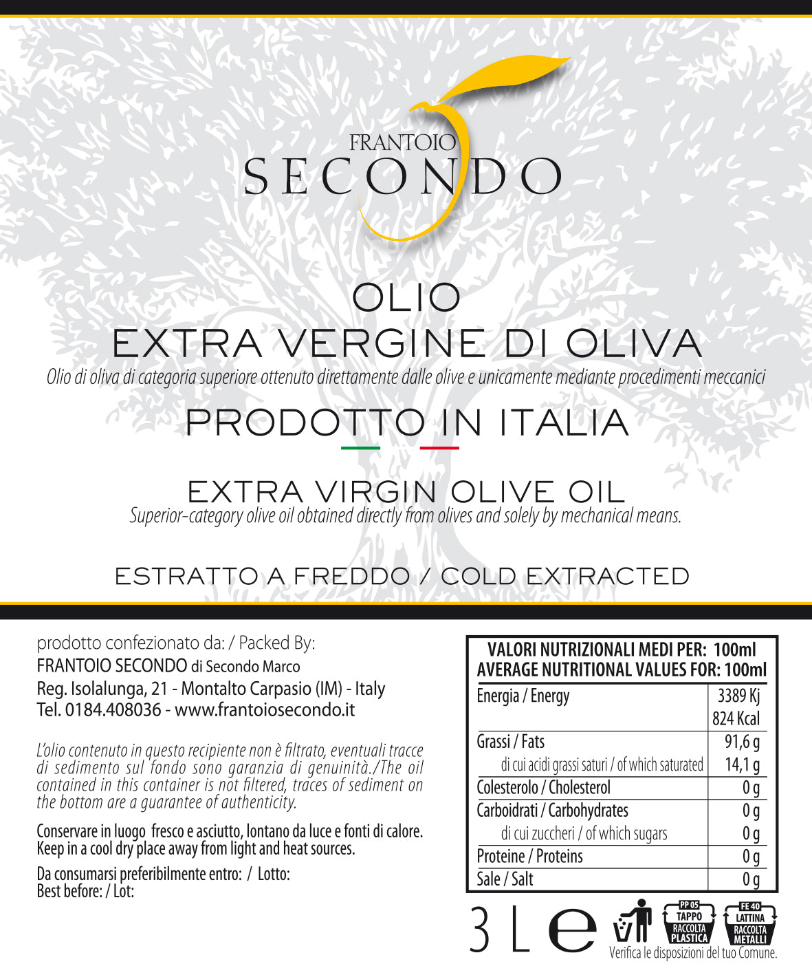 Latta da 3 litri di olio extra vergine di oliva 100% italiano