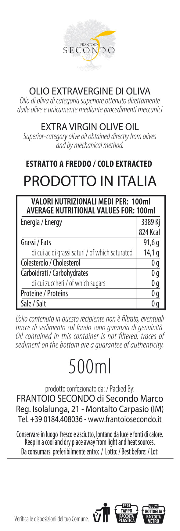 Olio extra vergine di oliva 100% italiano | Bottiglia da 0,50 lt.